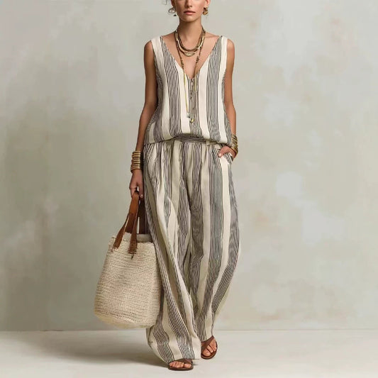 ☀️ Sleeveless Striped Holiday Set – Bosnian V-Neck Vest 👗✨