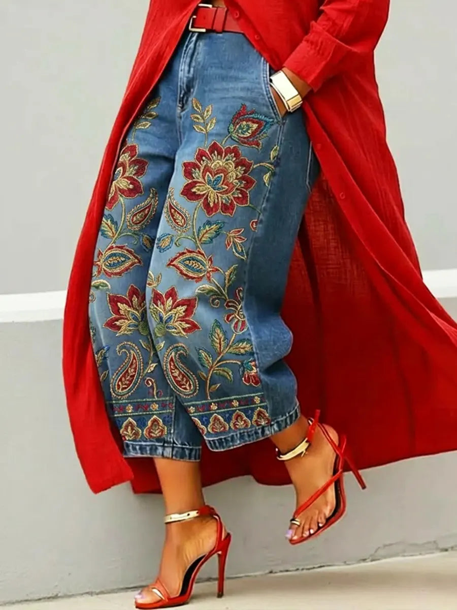 ✨✨Last Day 49% OFF🎁Women's Retro Floral Pattern Art Print Casual Jeans