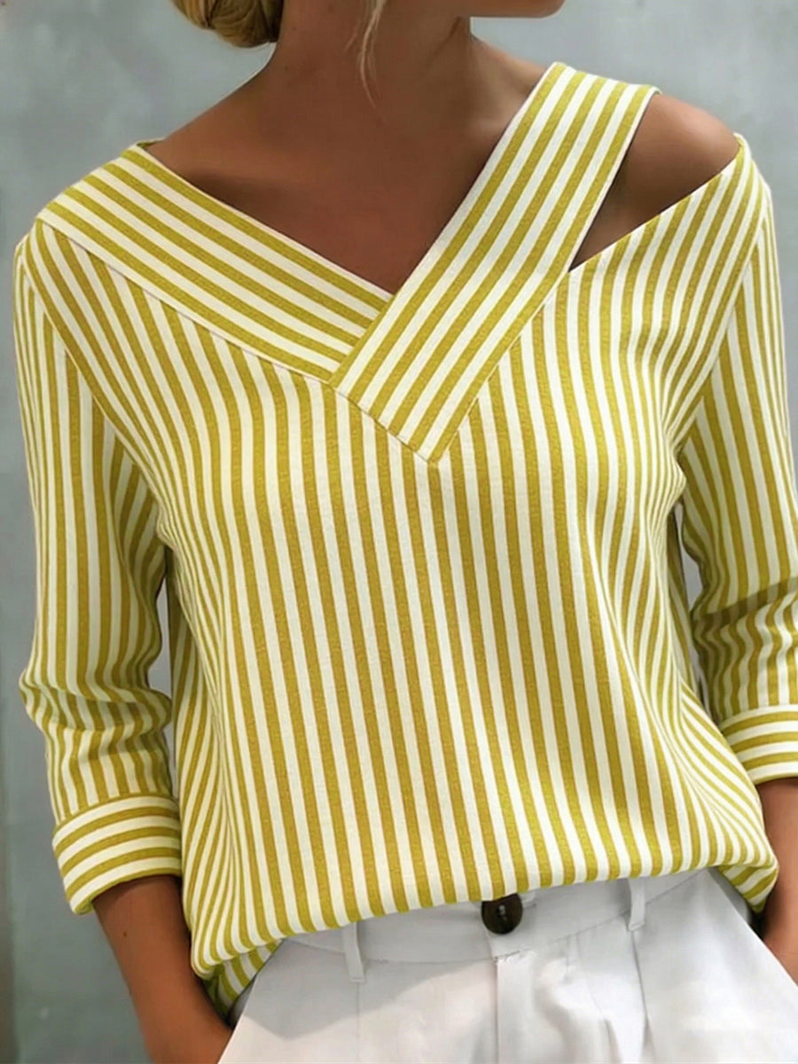 🎁New Arrivals🔥Stylish Off-shoulder Loose-fit Striped Cotton-linen Shirt