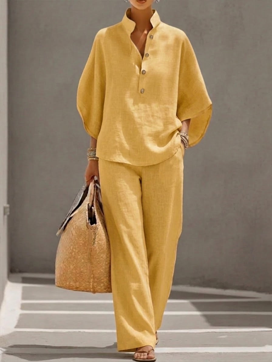 🎁New Arrivals🔥Women’s Batwing Sleeve Linen Cotton Two-Piece Set – Casual Shirt & Wide Leg Pants Outfit