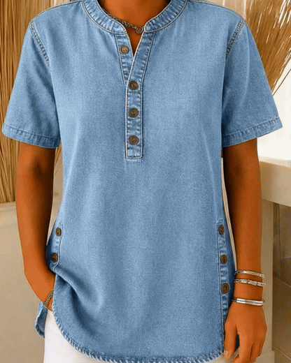 🎁New Arrivals🔥 Women's Loose Denim Top - V Neck Short Sleeve Casual Button Up Cotton Blouse