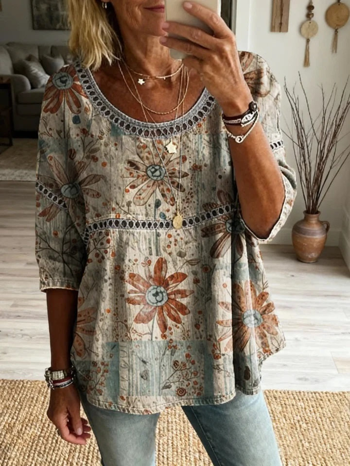 🎁New Arrivals🔥 Women's Bohemian Vintage Floral Print Casual Hollow-out Top
