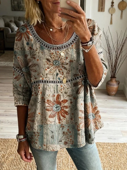 🎁New Arrivals🔥 Women's Bohemian Vintage Floral Print Casual Hollow-out Top