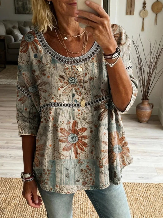 🎁New Arrivals🔥 Women's Bohemian Vintage Floral Print Casual Hollow-out Top