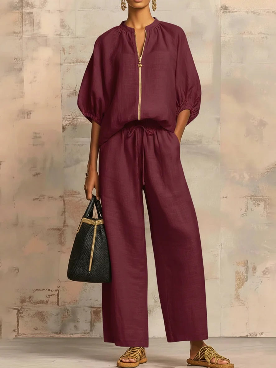 🎁New Arrivals🔥 Stylish Cozy Zipper Shirt & Wide-Leg Pants Linen Cotton Two-Piece Set