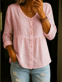 🎁New Arrivals🔥 Women's Linen Cotton Blend Shirt - 3/4 Sleeve Crew Neck Loose Hip-Length Casual Blouse