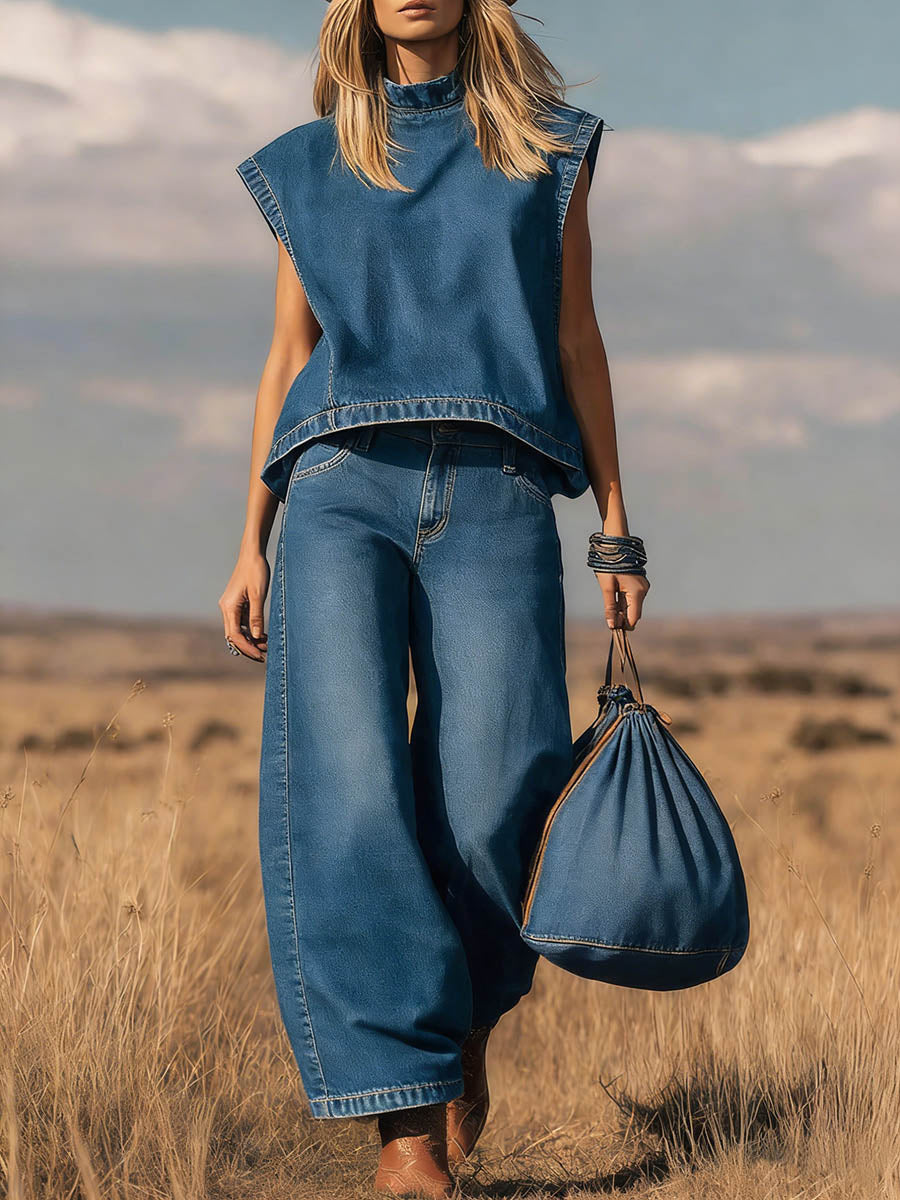 🎁New Arrivals🔥 Women's Stand Collar Sleeveless Casual Loose Top and High Waisted Loose Wide Leg Denim Pants Set