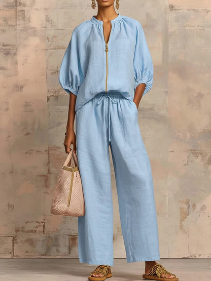 🎁New Arrivals🔥 Stylish Cozy Zipper Shirt & Wide-Leg Pants Linen Cotton Two-Piece Set
