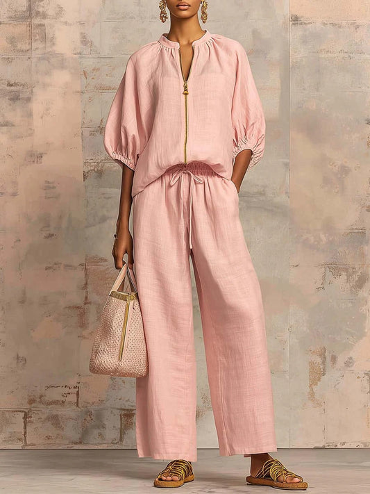 🎁New Arrivals🔥 Stylish Cozy Zipper Shirt & Wide-Leg Pants Linen Cotton Two-Piece Set
