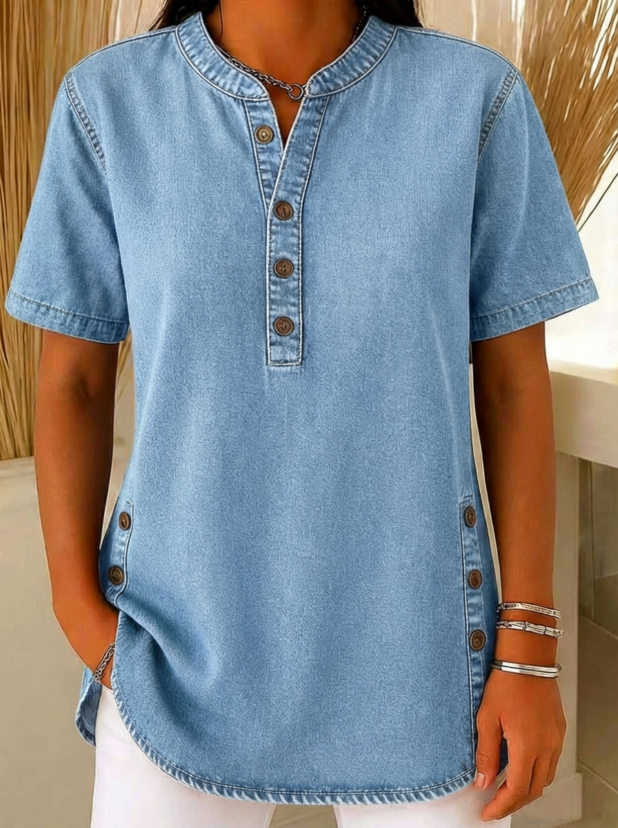 🎁New Arrivals🔥 Women's Loose Denim Top - V Neck Short Sleeve Casual Button Up Cotton Blouse
