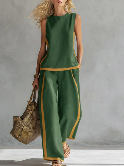 🎁New Arrivals🔥 Women's Round Neck Sleeveless Casual Loose Top & Loose Wide-leg Pants Cotton and Linen Set