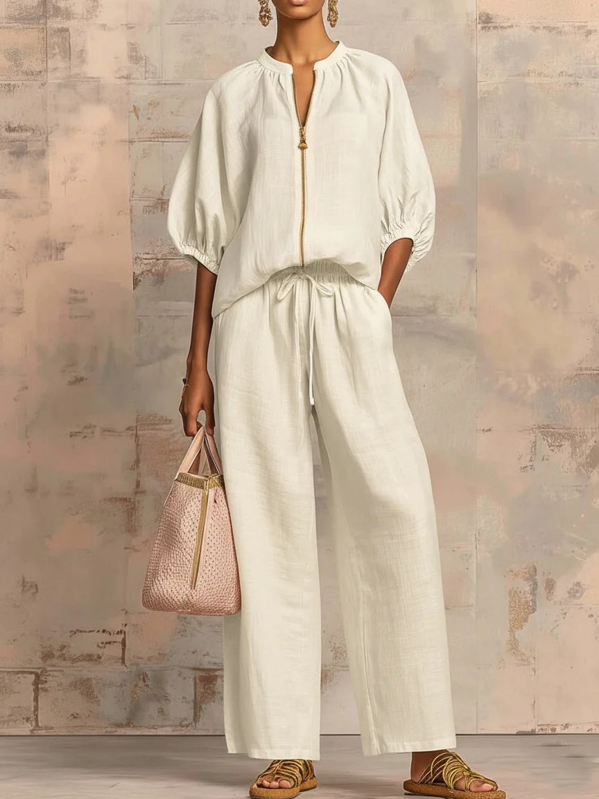 🎁New Arrivals🔥 Stylish Cozy Zipper Shirt & Wide-Leg Pants Linen Cotton Two-Piece Set