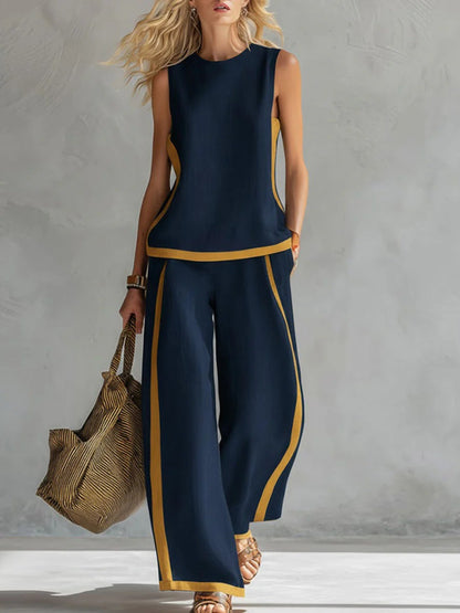 🎁New Arrivals🔥 Women's Round Neck Sleeveless Casual Loose Top & Loose Wide-leg Pants Cotton and Linen Set