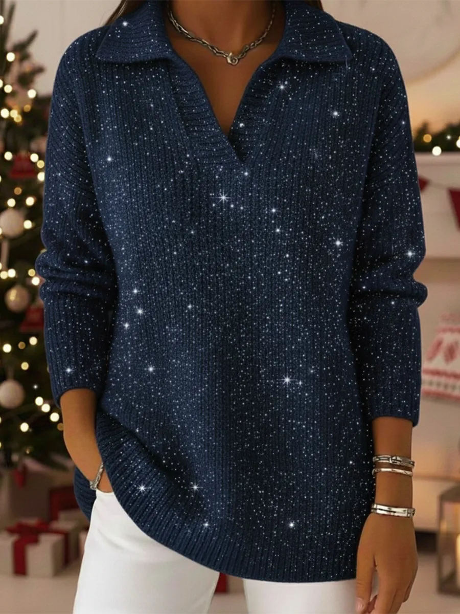 🎁CLEARANCE SALE🔥Women's Polo Collar Shiny Loose Sweater Top