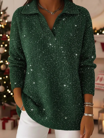 🎁CLEARANCE SALE🔥Women's Polo Collar Shiny Loose Sweater Top
