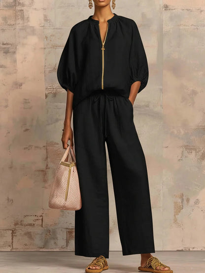 🎁New Arrivals🔥 Stylish Cozy Zipper Shirt & Wide-Leg Pants Linen Cotton Two-Piece Set