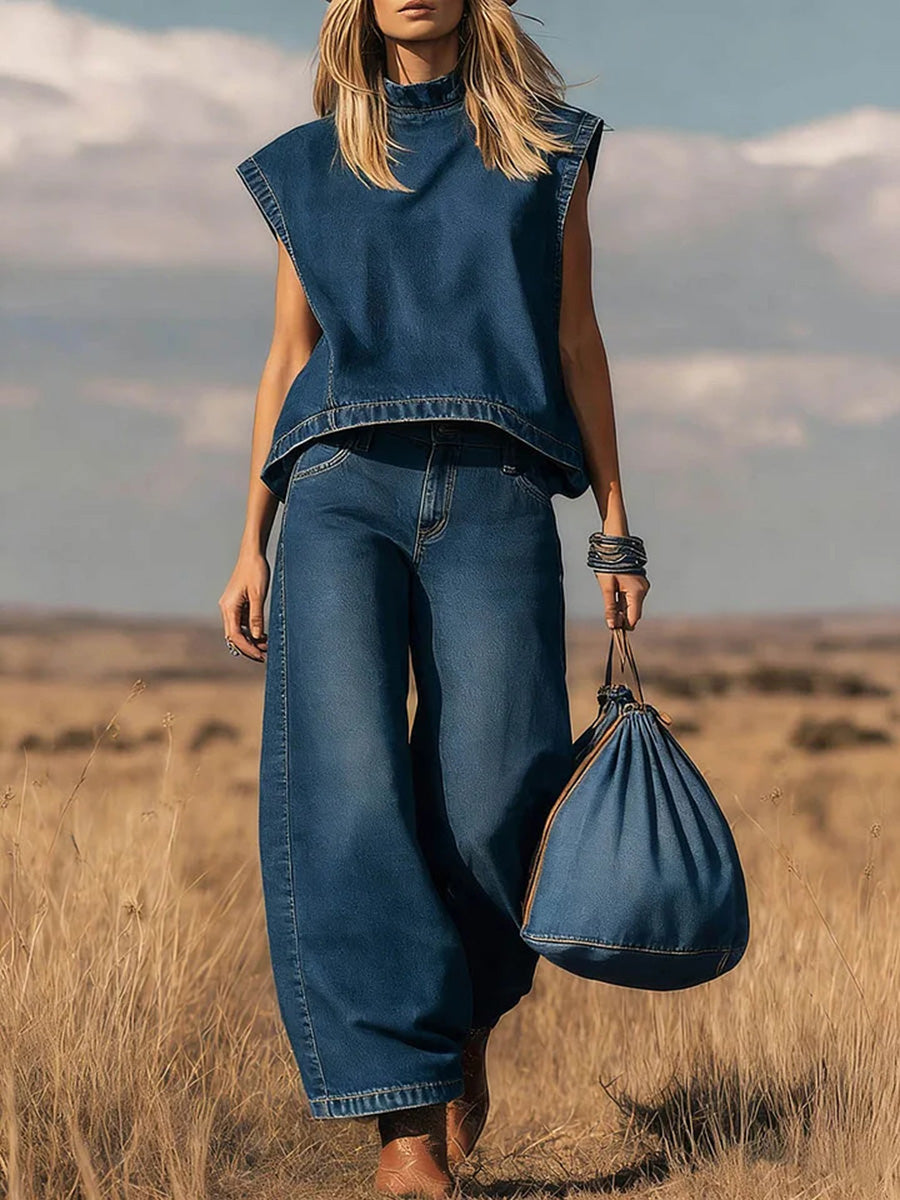 🎁New Arrivals🔥 Women's Stand Collar Sleeveless Casual Loose Top and High Waisted Loose Wide Leg Denim Pants Set