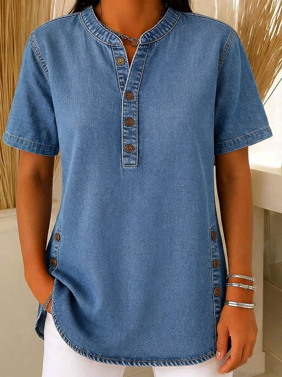 🎁New Arrivals🔥 Women's Loose Denim Top - V Neck Short Sleeve Casual Button Up Cotton Blouse