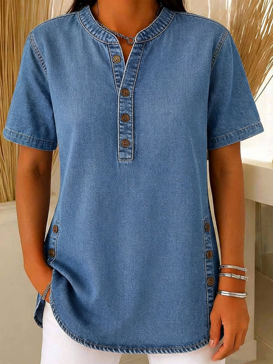 🎁New Arrivals🔥 Women's Loose Denim Top - V Neck Short Sleeve Casual Button Up Cotton Blouse