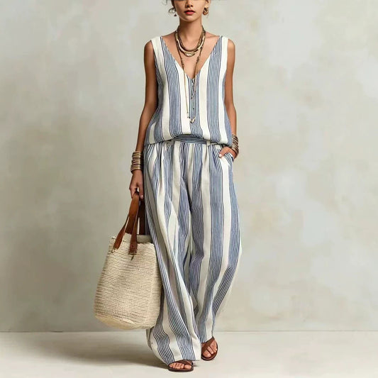 ☀️ Sleeveless Striped Holiday Set – Bosnian V-Neck Vest 👗✨