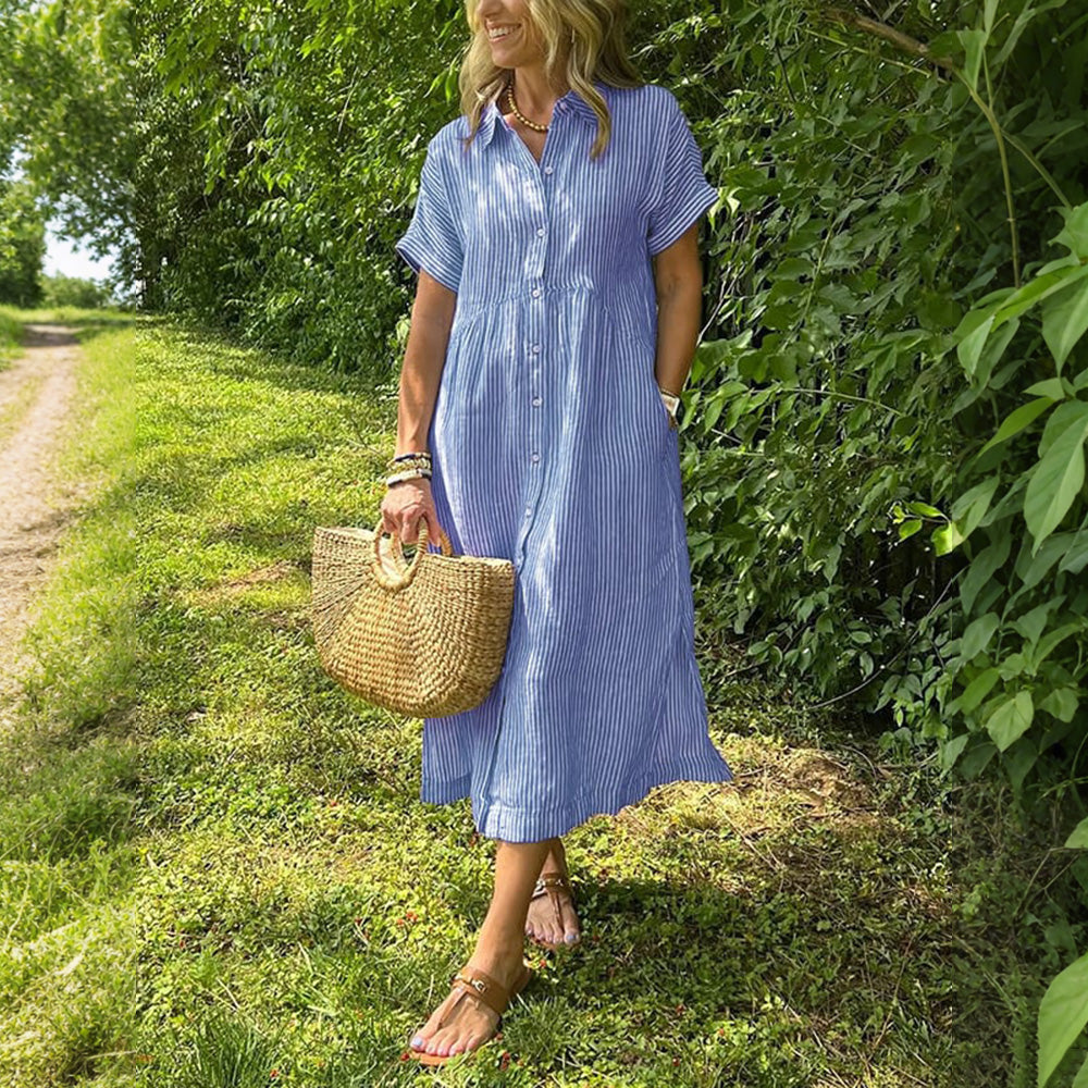 🎁New Arrivals🔥Striped Lapel Button Down Shirt Dress With Functional Pockets