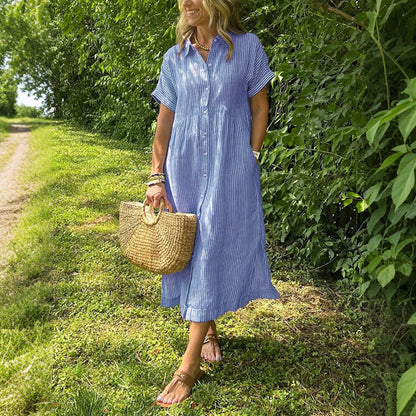🎁New Arrivals🔥Striped Lapel Button Down Shirt Dress With Functional Pockets