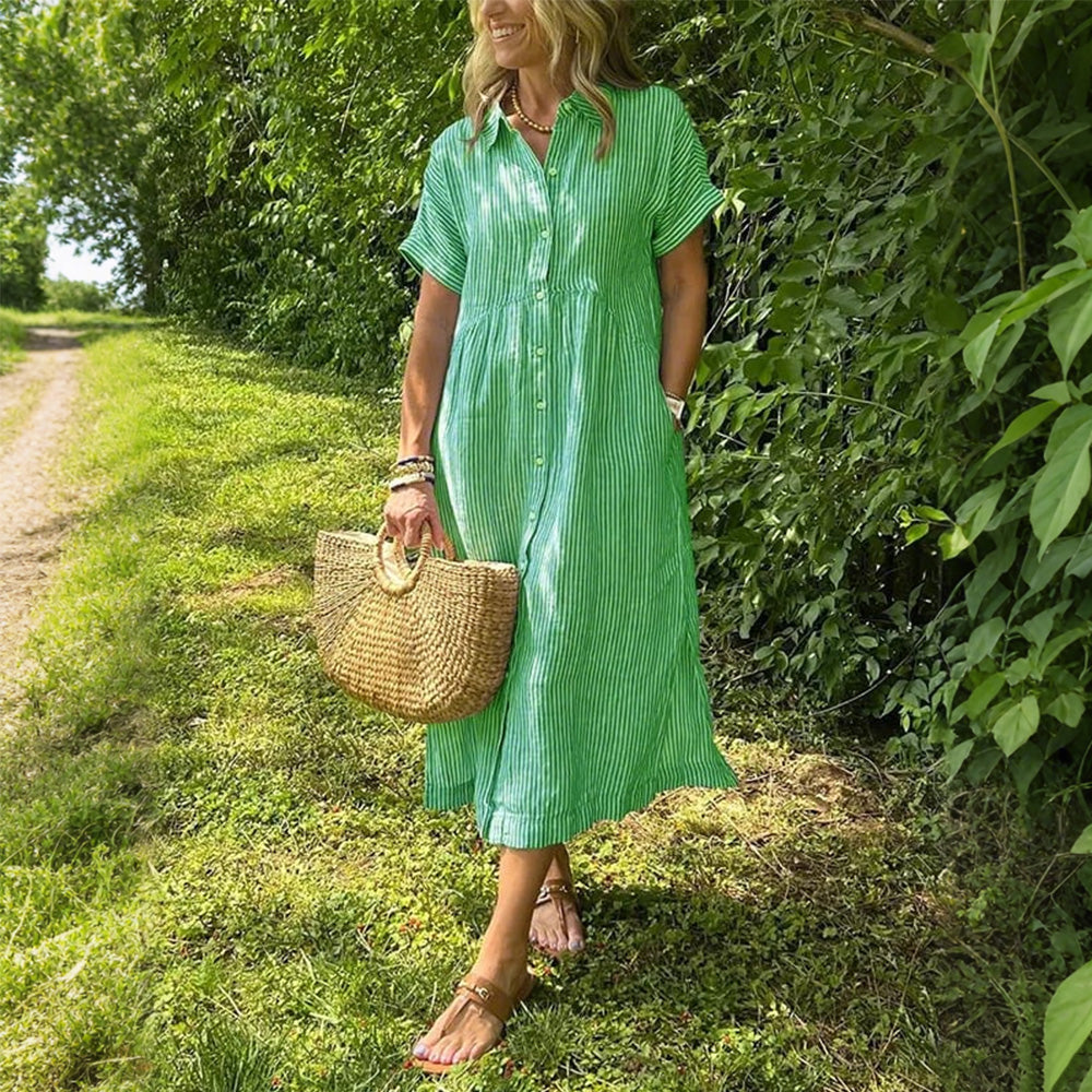 🎁New Arrivals🔥Striped Lapel Button Down Shirt Dress With Functional Pockets