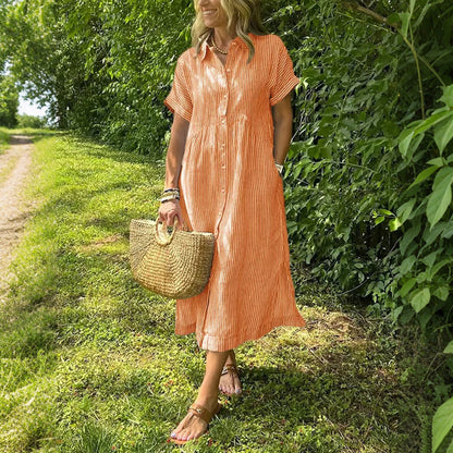🎁New Arrivals🔥Striped Lapel Button Down Shirt Dress With Functional Pockets