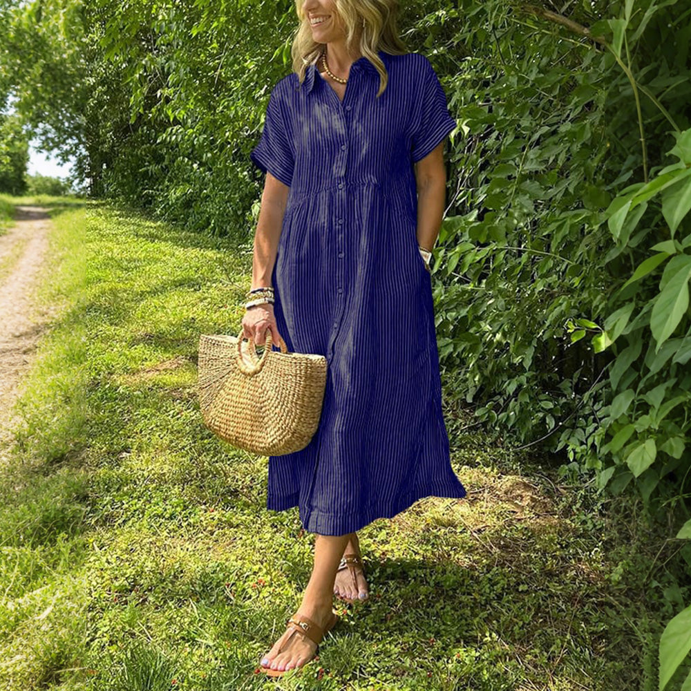 🎁New Arrivals🔥Striped Lapel Button Down Shirt Dress With Functional Pockets
