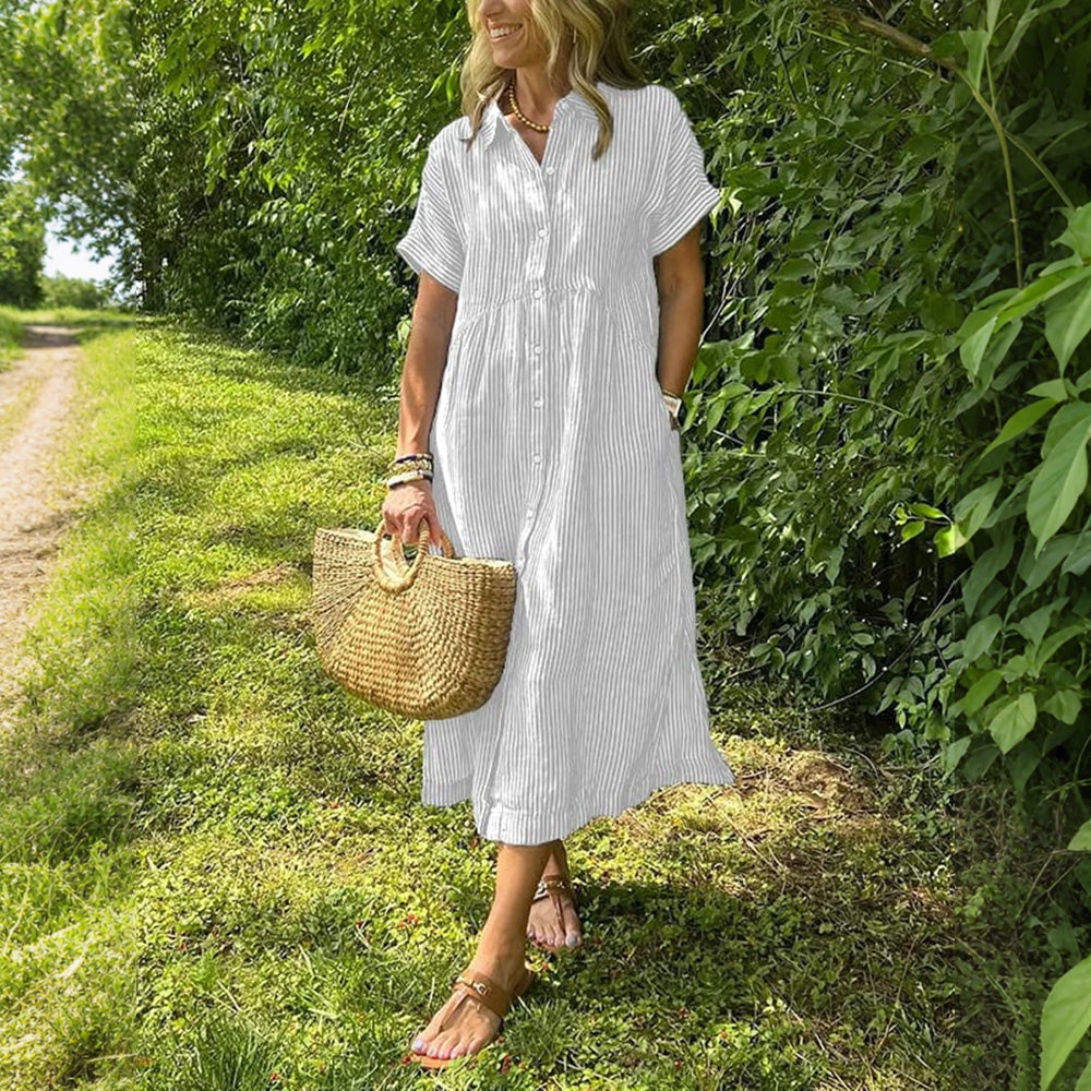🎁New Arrivals🔥Striped Lapel Button Down Shirt Dress With Functional Pockets