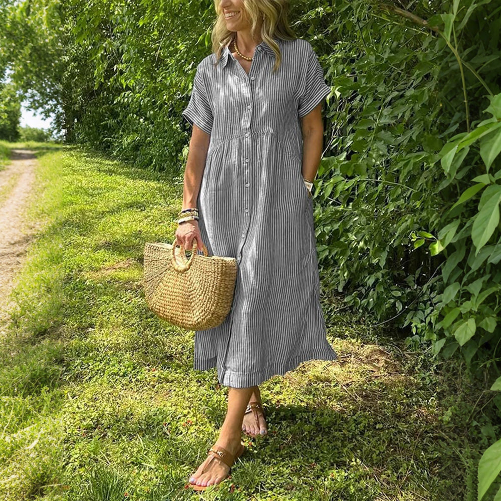 🎁New Arrivals🔥Striped Lapel Button Down Shirt Dress With Functional Pockets