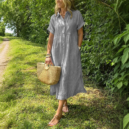 🎁New Arrivals🔥Striped Lapel Button Down Shirt Dress With Functional Pockets