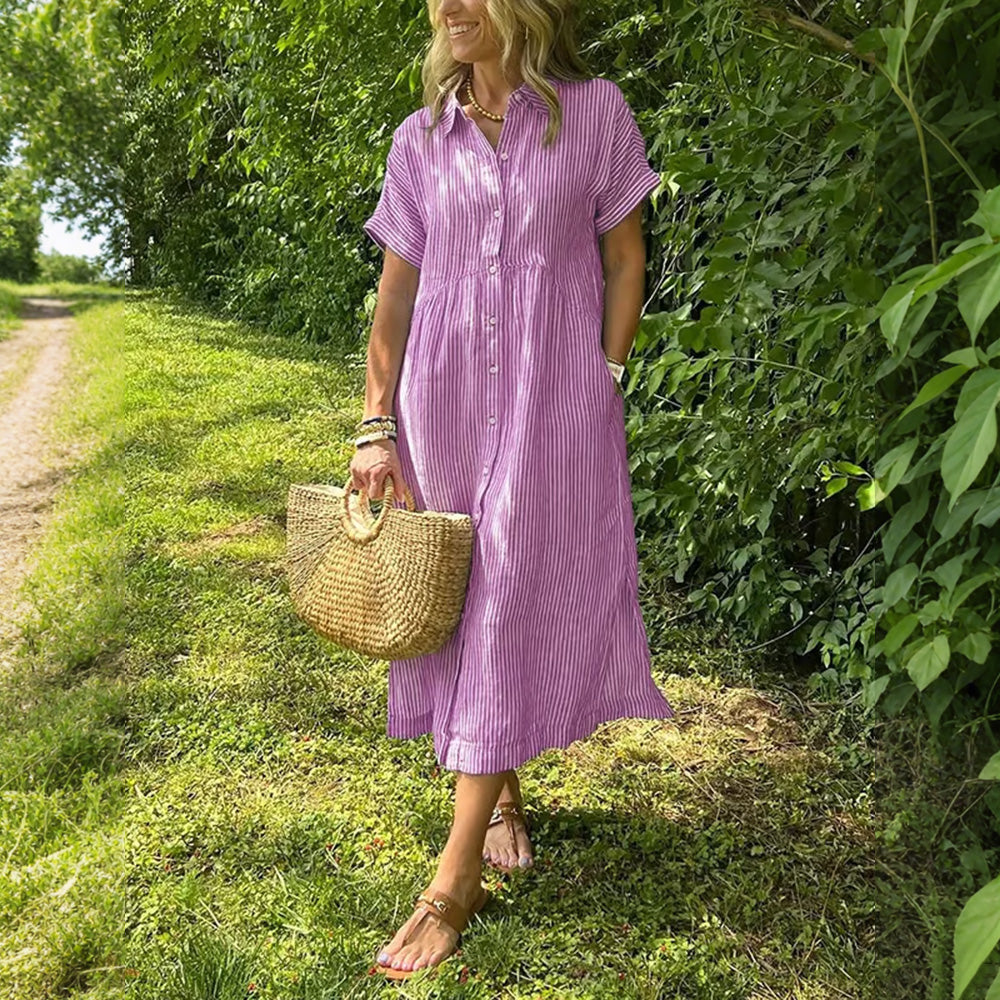 🎁New Arrivals🔥Striped Lapel Button Down Shirt Dress With Functional Pockets