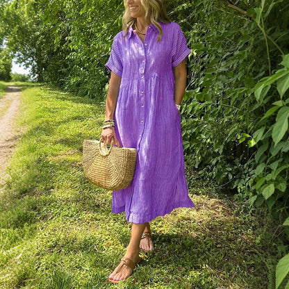 🎁New Arrivals🔥Striped Lapel Button Down Shirt Dress With Functional Pockets