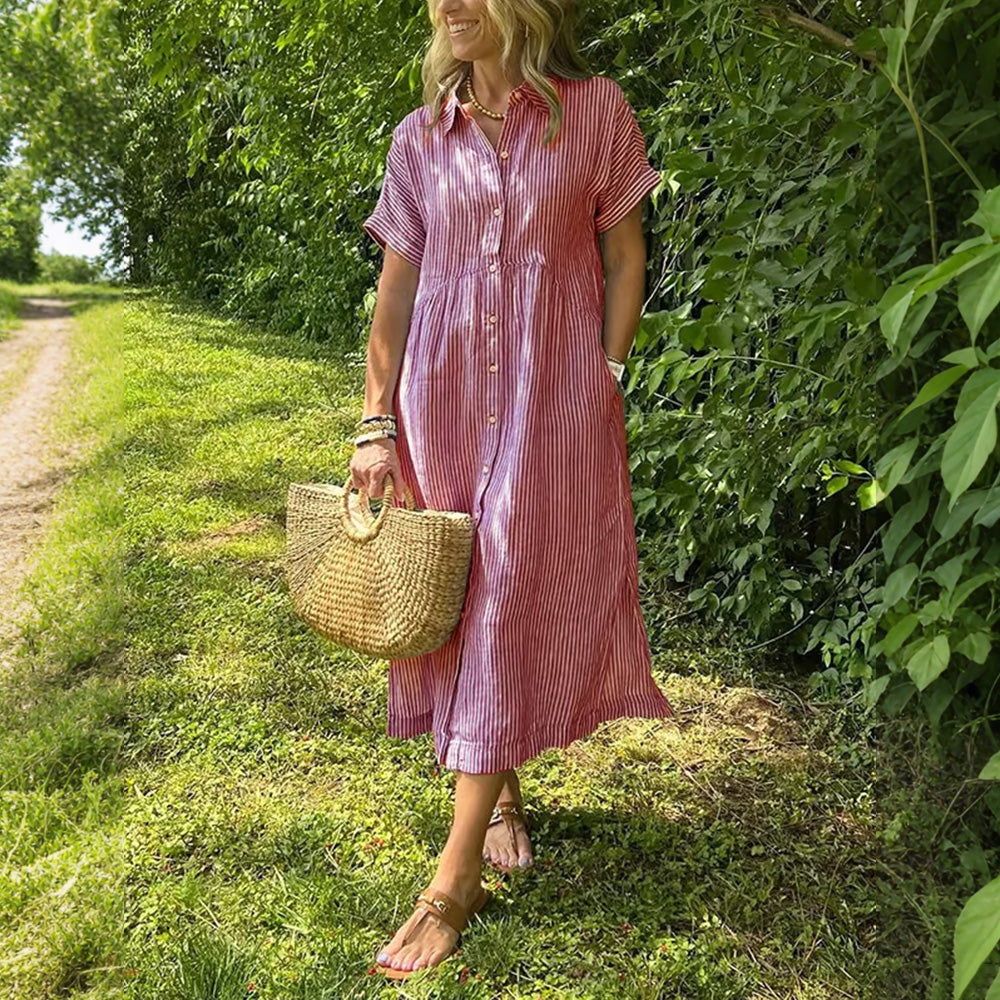 🎁New Arrivals🔥Striped Lapel Button Down Shirt Dress With Functional Pockets