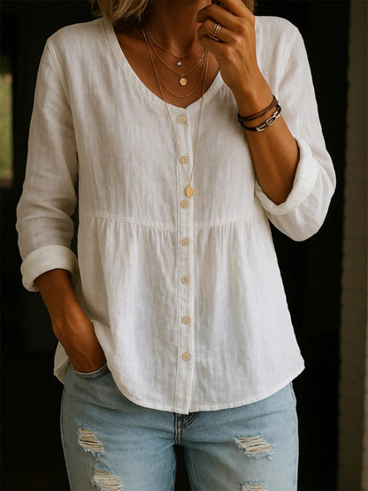 🎁New Arrivals🔥 Women's Linen Cotton Blend Shirt - 3/4 Sleeve Crew Neck Loose Hip-Length Casual Blouse