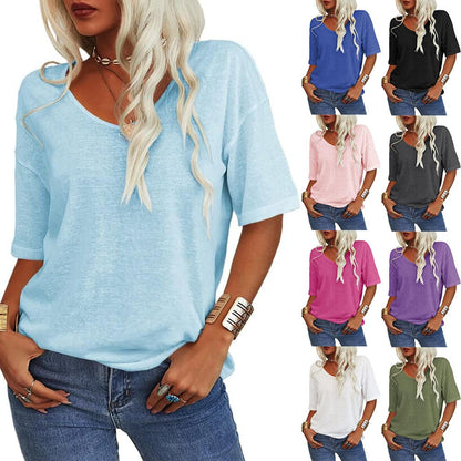 ✨✨LAST DAY SAVE 49% ⏰Women's Soft Solid Color Vneck Tshirt Cotton Half Sleeve Half Sleeve Casual Loose