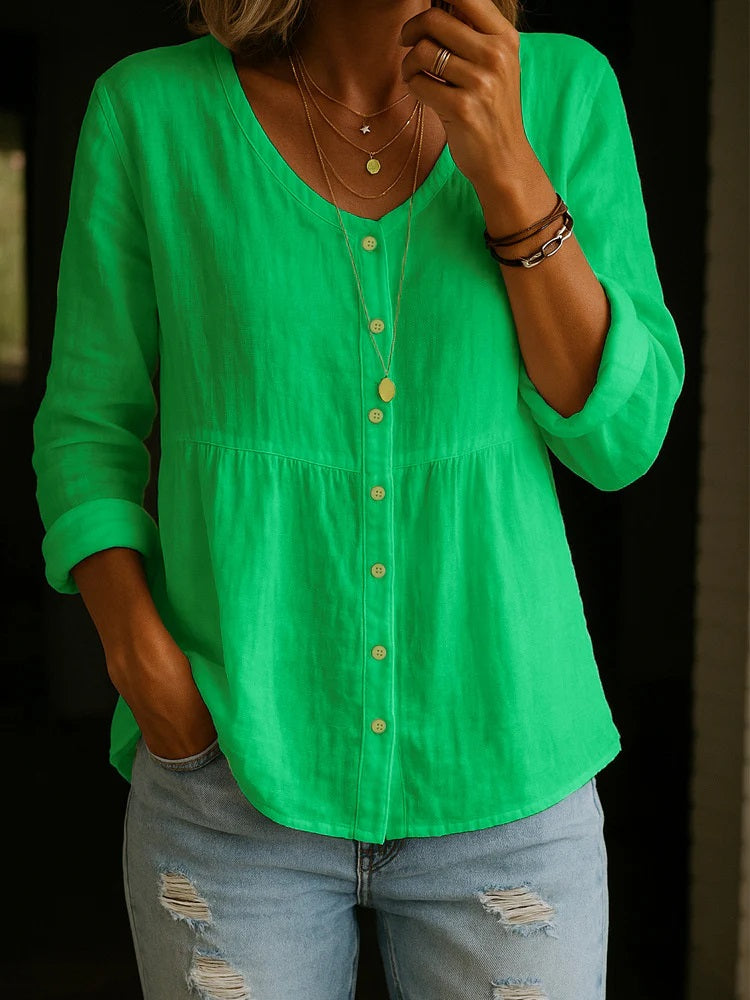🎁New Arrivals🔥 Women's Linen Cotton Blend Shirt - 3/4 Sleeve Crew Neck Loose Hip-Length Casual Blouse