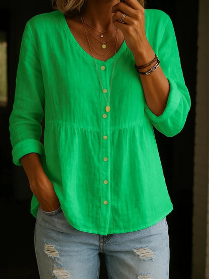 🎁New Arrivals🔥 Women's Linen Cotton Blend Shirt - 3/4 Sleeve Crew Neck Loose Hip-Length Casual Blouse