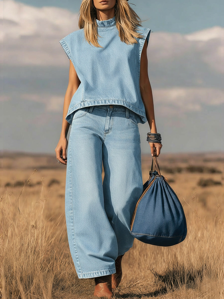 🎁New Arrivals🔥 Women's Stand Collar Sleeveless Casual Loose Top and High Waisted Loose Wide Leg Denim Pants Set