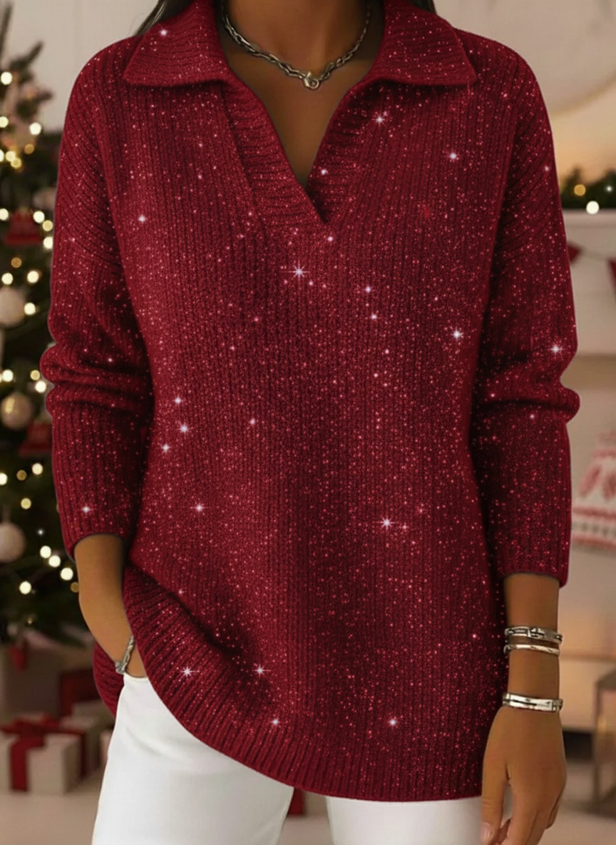 🎁CLEARANCE SALE🔥Women's Polo Collar Shiny Loose Sweater Top