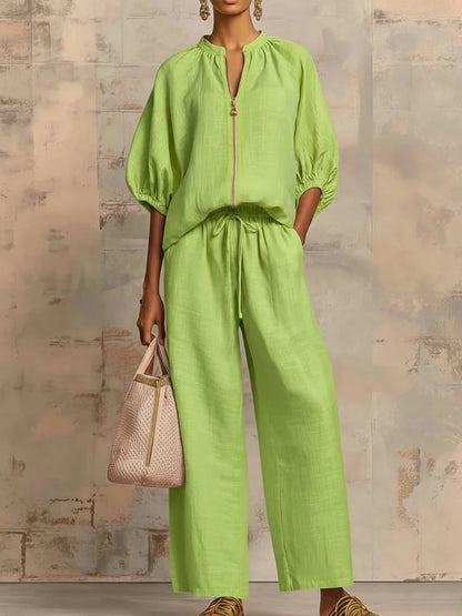 🎁New Arrivals🔥 Stylish Cozy Zipper Shirt & Wide-Leg Pants Linen Cotton Two-Piece Set