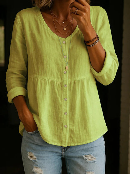 🎁New Arrivals🔥 Women's Linen Cotton Blend Shirt - 3/4 Sleeve Crew Neck Loose Hip-Length Casual Blouse