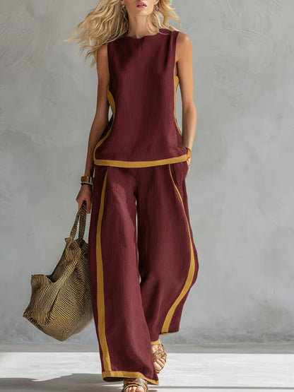 🎁New Arrivals🔥 Women's Round Neck Sleeveless Casual Loose Top & Loose Wide-leg Pants Cotton and Linen Set