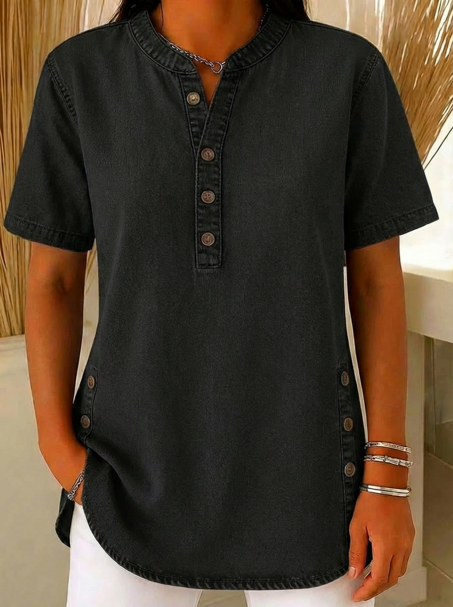 🎁New Arrivals🔥 Women's Loose Denim Top - V Neck Short Sleeve Casual Button Up Cotton Blouse