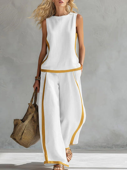 🎁New Arrivals🔥 Women's Round Neck Sleeveless Casual Loose Top & Loose Wide-leg Pants Cotton and Linen Set
