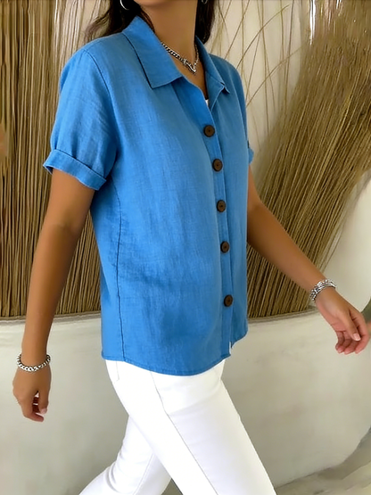 🎁New Arrivals🔥Women’s Linen Cotton Cozy Basic Button-Up Shirt – Casual Short Sleeve Summer Blouse