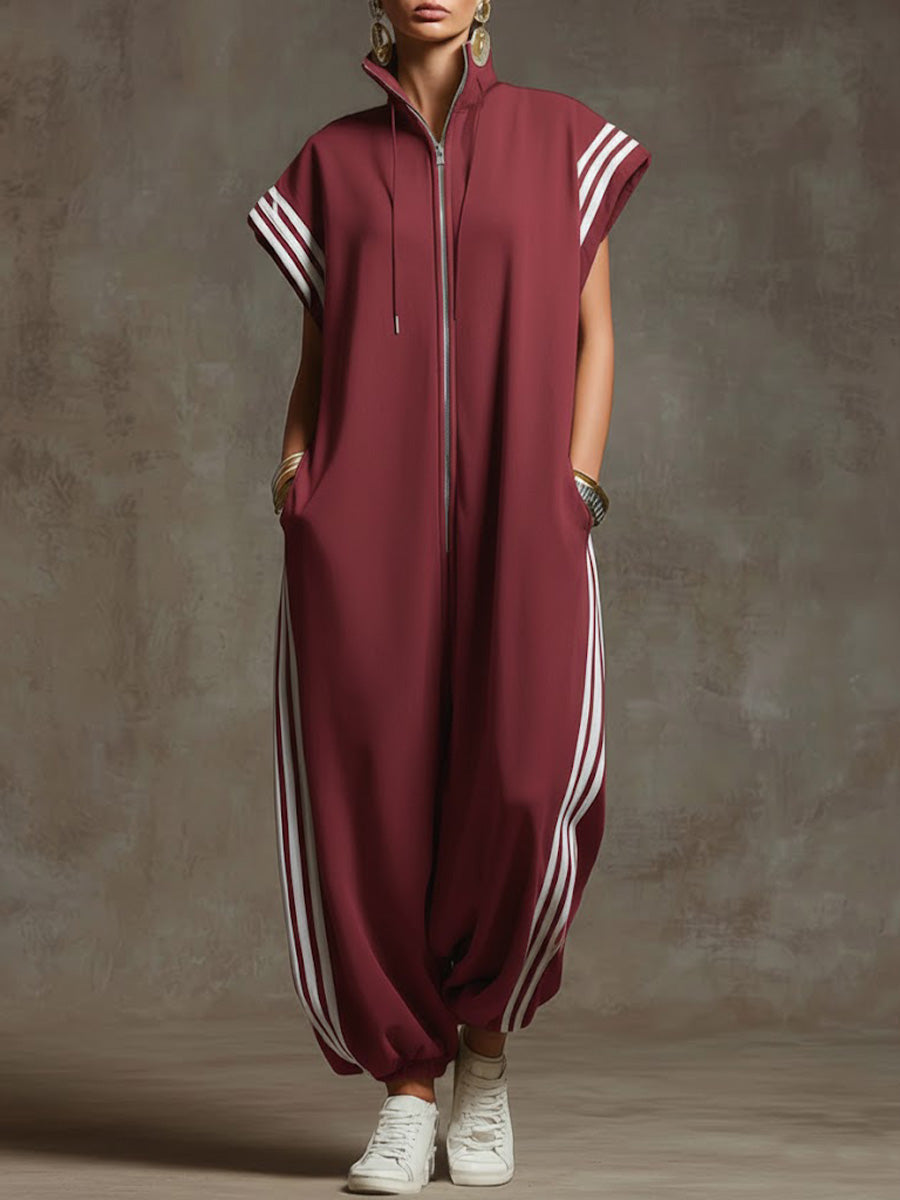 🎁New Arrivals🔥Women's Relaxed Stand-collar Short-sleeved Casual Loose Cotton Wide-leg Jumpsuit