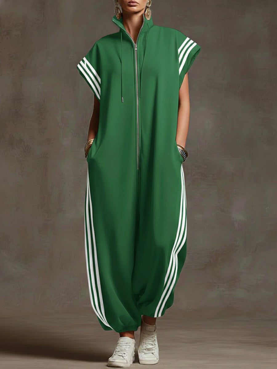 🎁New Arrivals🔥Women's Relaxed Stand-collar Short-sleeved Casual Loose Cotton Wide-leg Jumpsuit