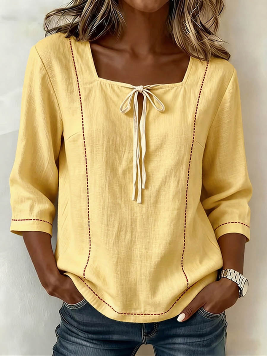🎁New Arrivals🔥Women's Square-neck 3/4-sleeve Loose-fit Cotton-linen Top